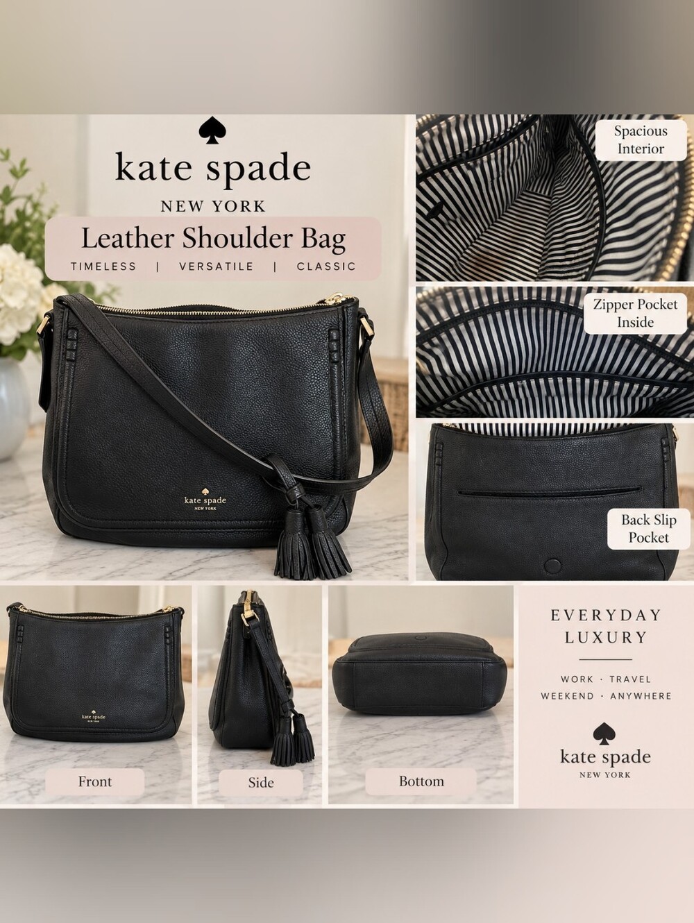 Kate Spade New York Black Leather Shoulder Crossbody Bag with Tassel